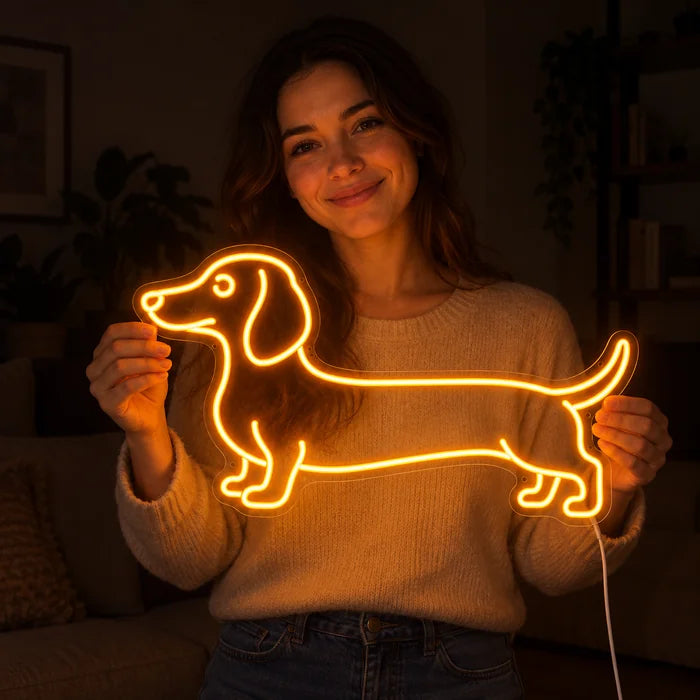 Dachshund Neon LED Sign held by a smiling woman against a dark background
