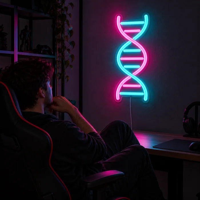 DNA-kierre neon LED -kyltti pelipöydän yläpuolella, edessä pelaaja pelituolissa