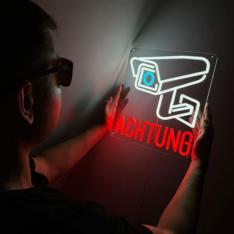 Videoüberwachung LED Leuchtschild beleuchtet – Sicherheitsschild Wanddeko