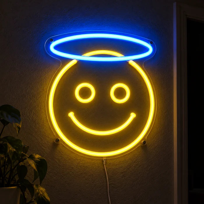 Angel Smiley Neon LED Sign glowing on a dark wall, close-up with connection cable