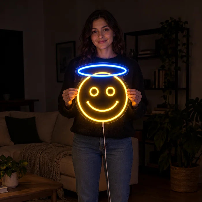 Angel Smiley Neon LED Sign held by a woman, showing its size compared to her body
