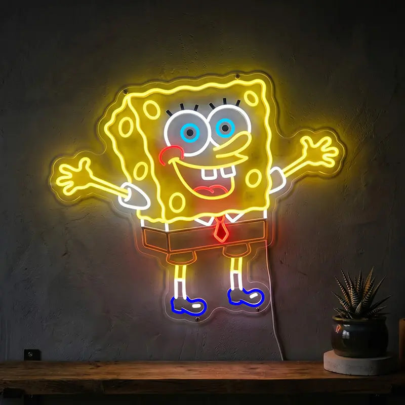 Schwammkopf Neon LED Schild beleuchtet – Happy SpongeBob als USB-Leuchtschild auf 6mm Acryl
