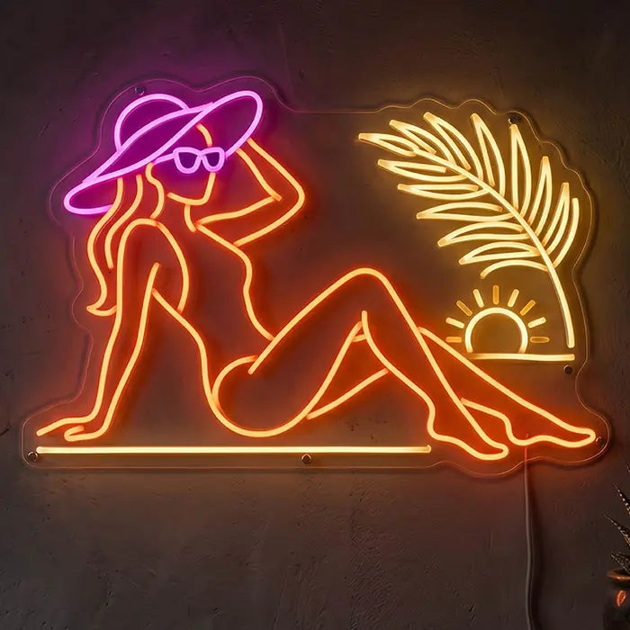 Beach Vibes Neon LED Schild – Surfing Girl Motiv für Surfshop & Lounge