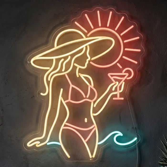 Beach Vibes Neon LED Schild – Strand-Mood Frau als Wanddeko für Beachclub