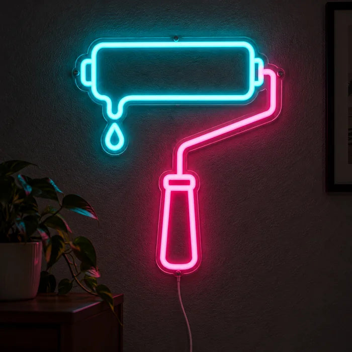 Paint Roller Neon LED Sign glowing on a dark wall, close-up with connection cable