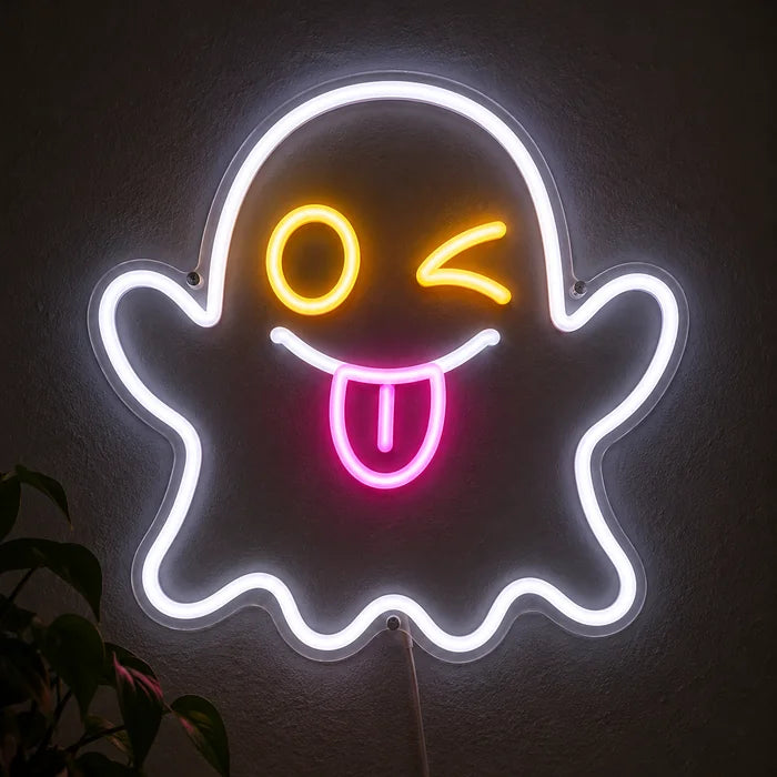 Cheeky Ghost Neon LED Sign glowing on a dark wall, close-up with connection cable