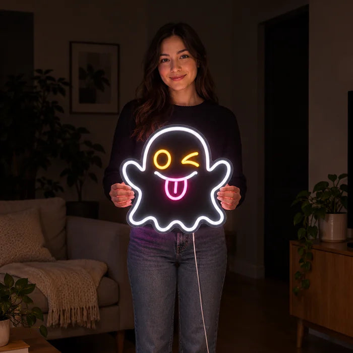 Cheeky Ghost Neon LED Sign held by a woman, showing its size compared to her body