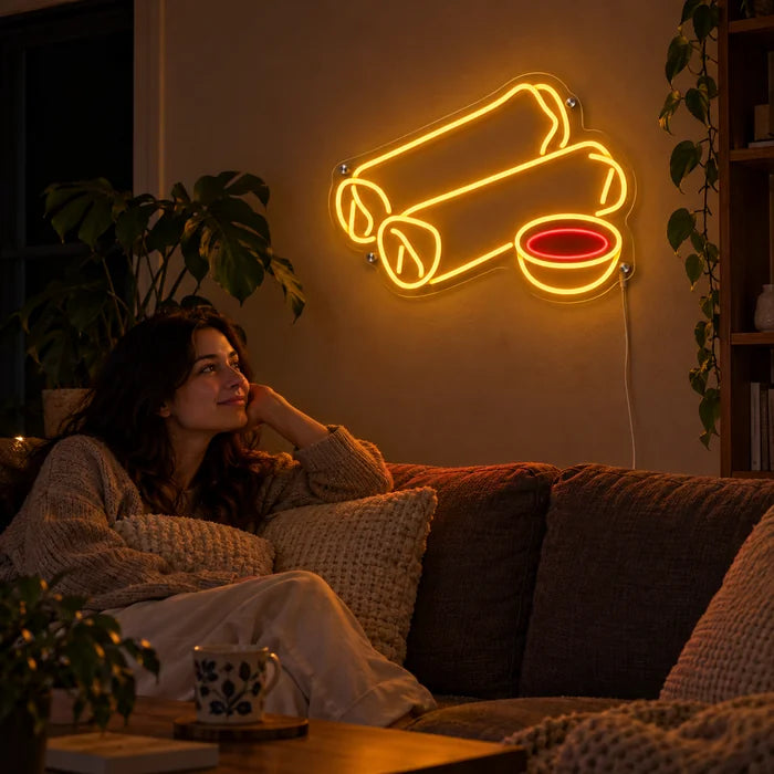 Spring Rolls Neon LED Sign on a living room wall, a person relaxing on the sofa in front of it
