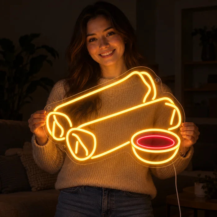 Spring Rolls Neon LED Sign held by a smiling woman against a dark background