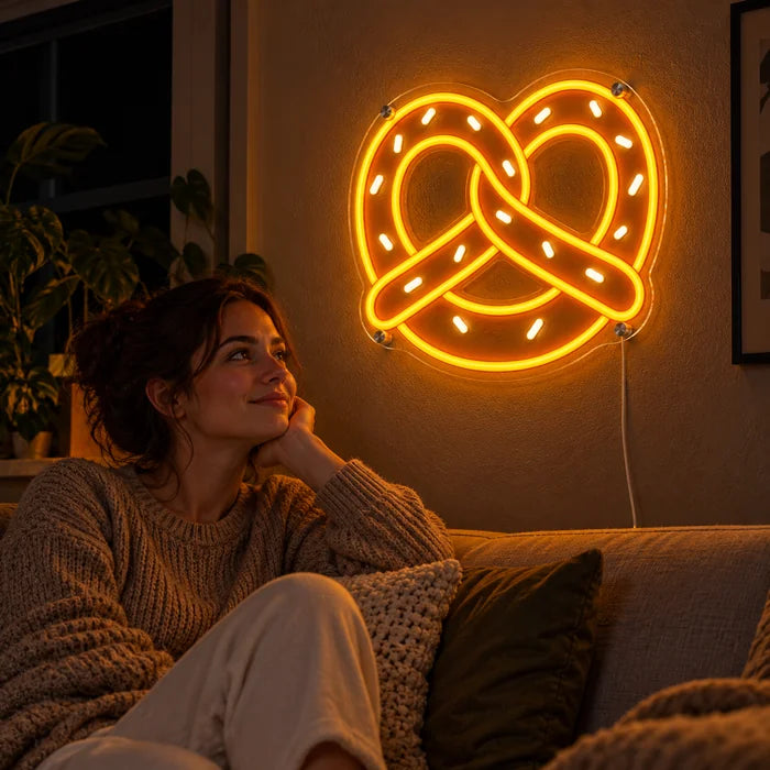 Golden Pretzel Neon LED Sign on a living room wall, a person relaxing on the sofa in front of it