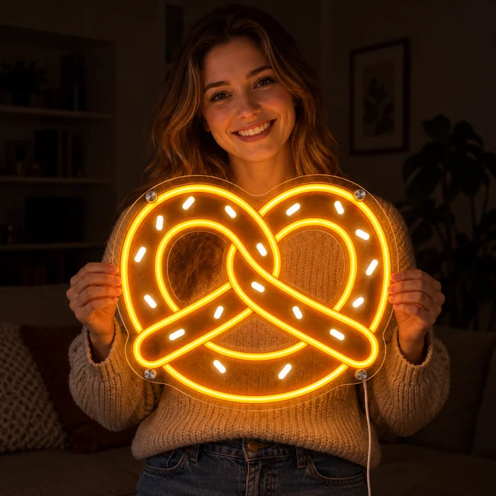 Golden Pretzel Neon LED Sign held by a smiling woman against a dark background