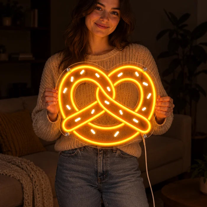 Golden Pretzel Neon LED Sign held by a woman, showing its size compared to her body