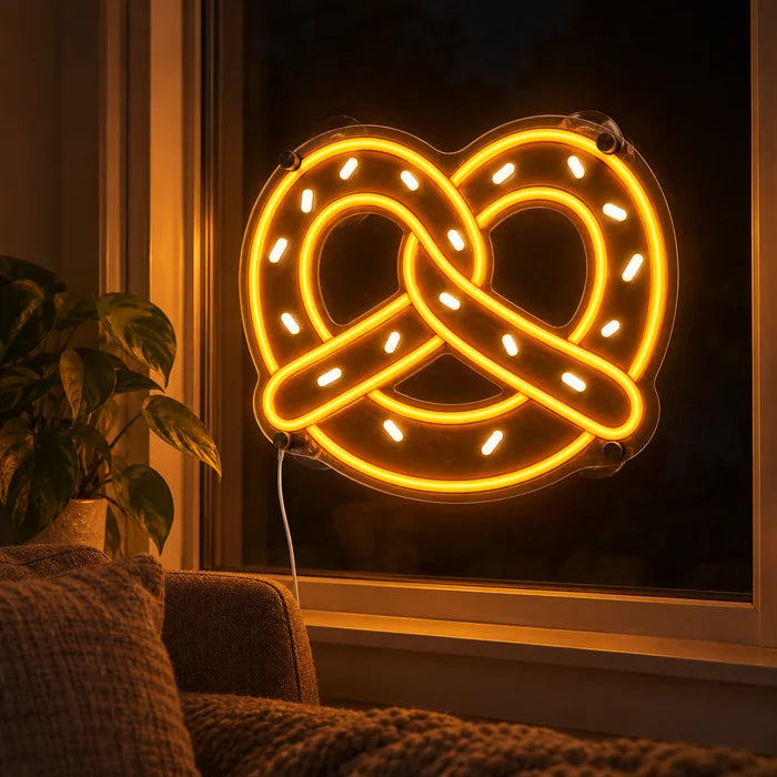 Golden Pretzel Neon LED Sign in the window of a cosy living room in the evening