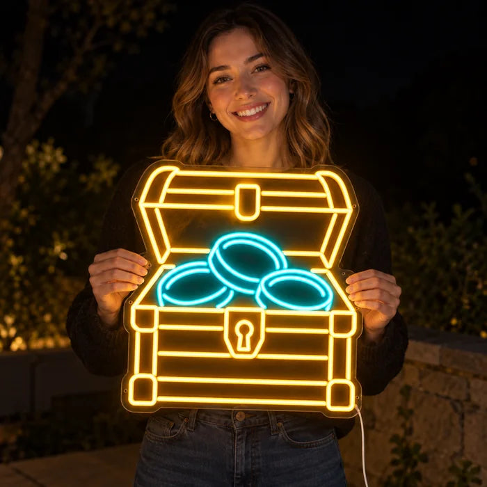 Gold Treasure Neon LED Sign held by a smiling woman against a dark background