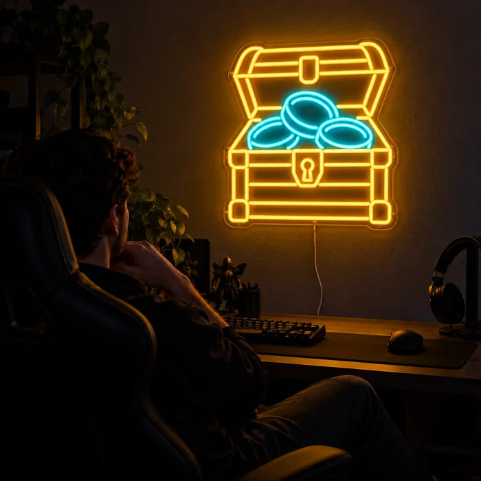 Gold Treasure Neon LED Sign above a gaming desk, a gamer in a gaming chair in front of it