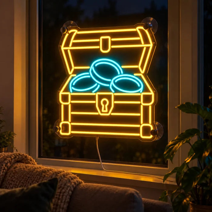 Gold Treasure Neon LED Sign in the window of a cosy living room in the evening