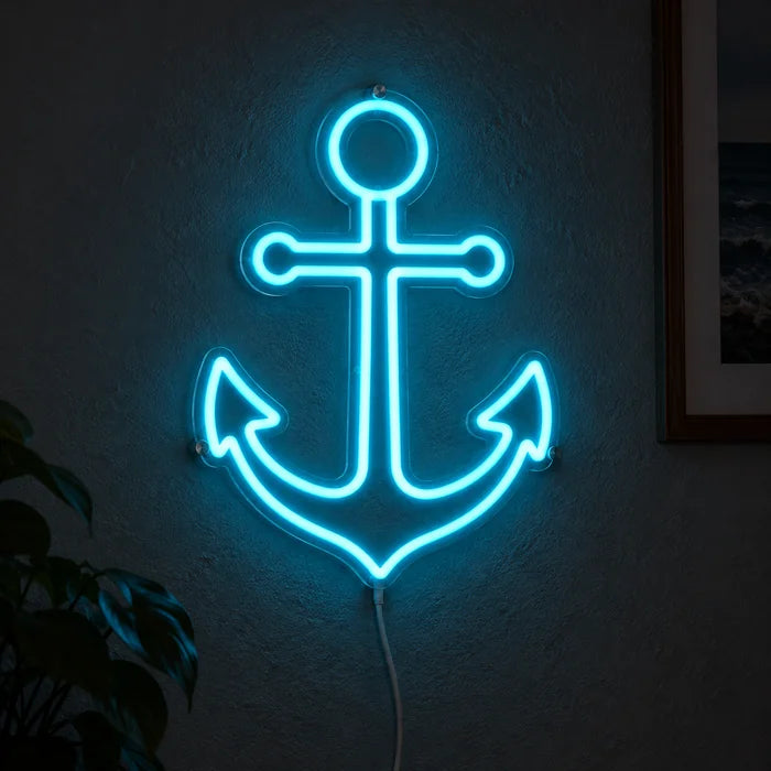 Harbour Anchor Neon LED Sign glowing on a dark wall, close-up with connection cable