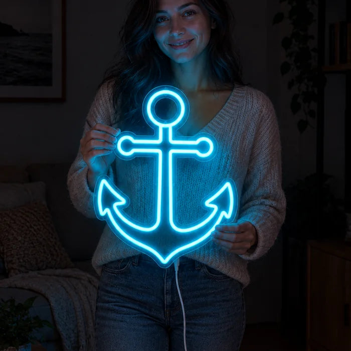 Harbour Anchor Neon LED Sign held by a woman, showing its size compared to her body