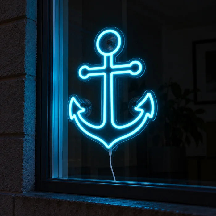 Harbour Anchor Neon LED Sign in a window, seen from the street at night