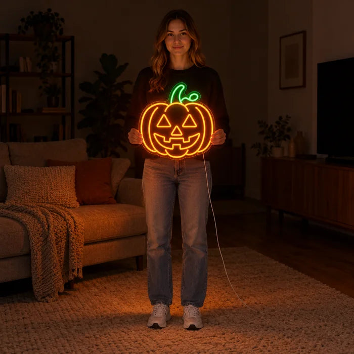 Halloweengræskar neon LED skilt holdt af en kvinde, viser størrelsen i forhold til kroppen