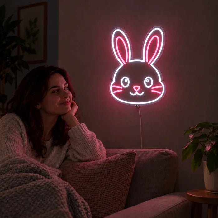 Pupun kasvot neon LED -kyltti olohuoneen seinällä, edessä henkilö rentoutuu sohvalla
