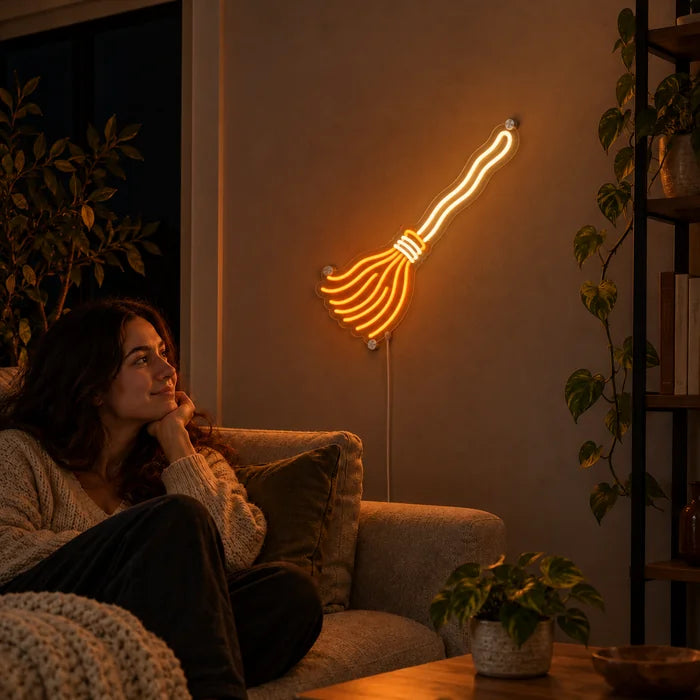 Noidan luuta neon LED -kyltti olohuoneen seinällä, edessä henkilö rentoutuu sohvalla