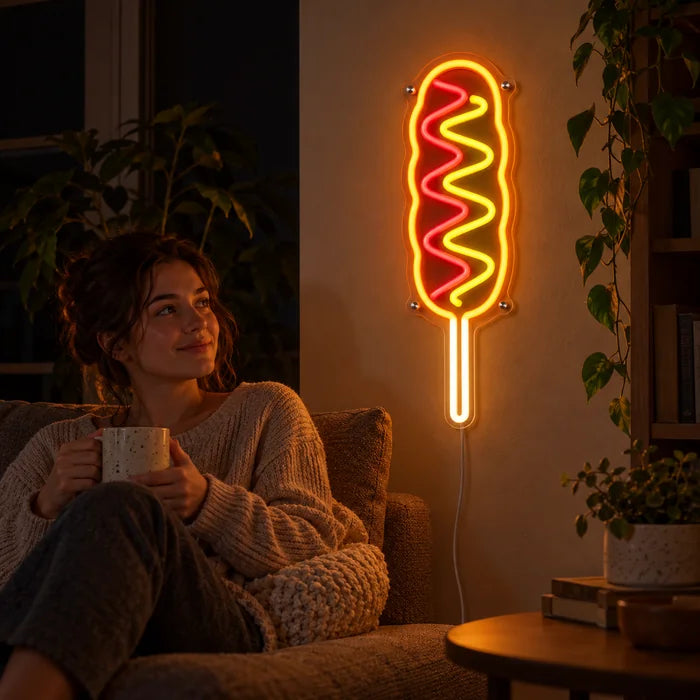 Corn Dog Neon LED Sign on a living room wall, a person relaxing on the sofa in front of it