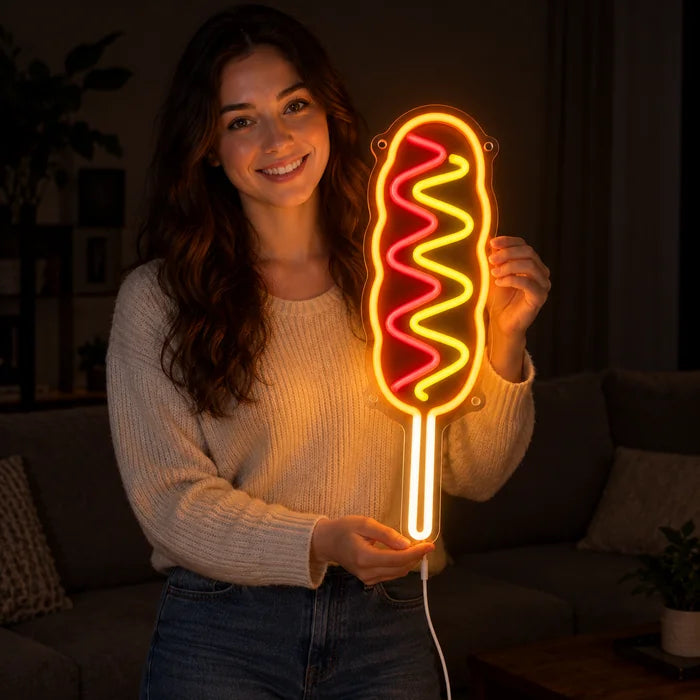 Corn Dog Neon LED Sign held by a smiling woman against a dark background