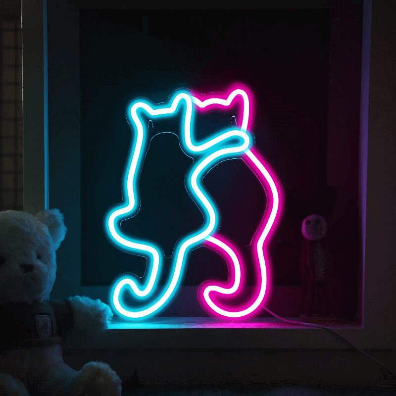 Katzenfreunde Neon LED Schild USB – Katzen Familie Wanddeko Wohnzimmer