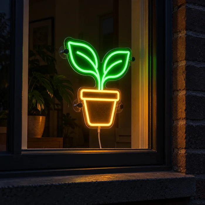 Little Sprout Neon LED Sign in a window, seen from the street at night