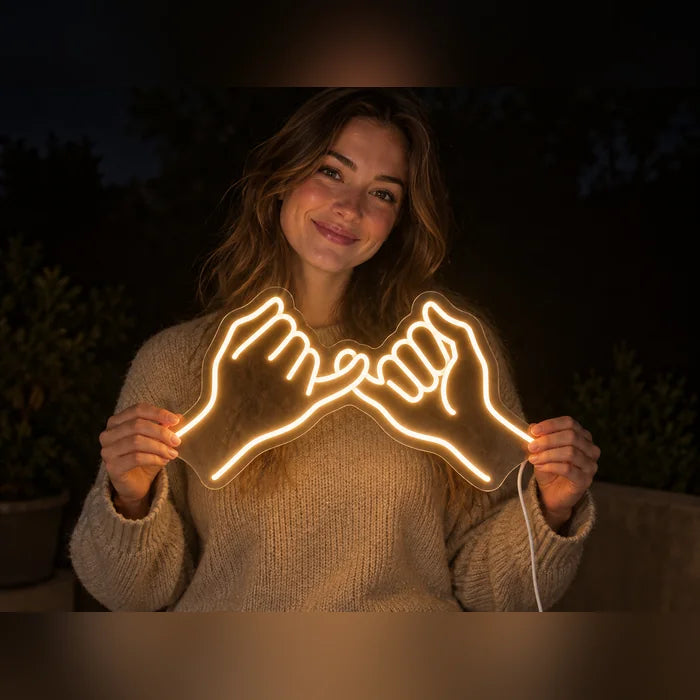 Pinky Promise Neon LED Sign held by a smiling woman against a dark background