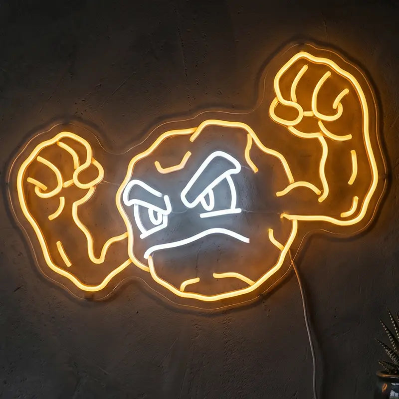 Kleinstein Geodude Pokémon Neon LED Schild 12V – Gestein-Pokémon Deko in Gelb