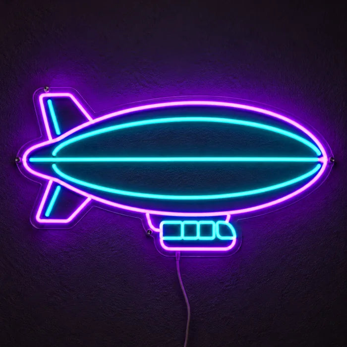 Airship Neon LED Sign glowing on a dark wall, close-up with connection cable