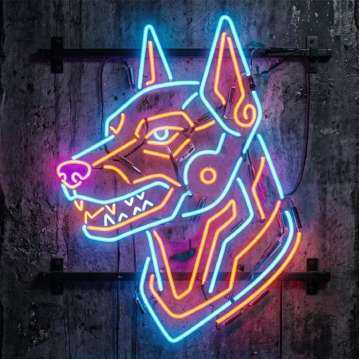 Cyber Dog Neon LED Schild 12V – futuristischer Cyberpunk Hund als Gaming-Wanddeko