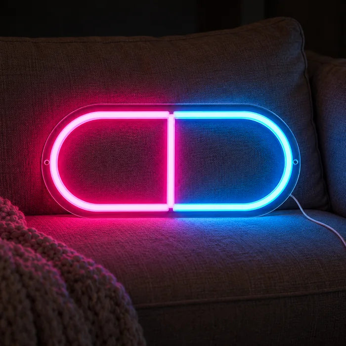 Neonová LED cedule Kapsle léku na útulné pohovce mezi polštáři a dekou