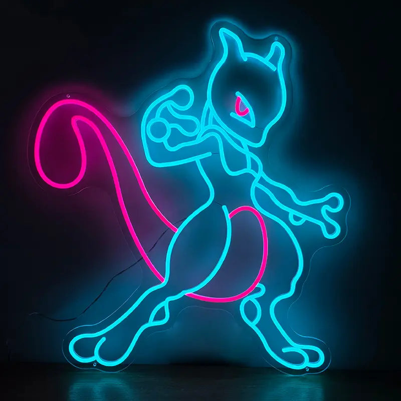 Zweifarbiges LED-Neon-Schild von Mewtu auf einer transparenten Acrylplatte für maximale Leuchtkraft