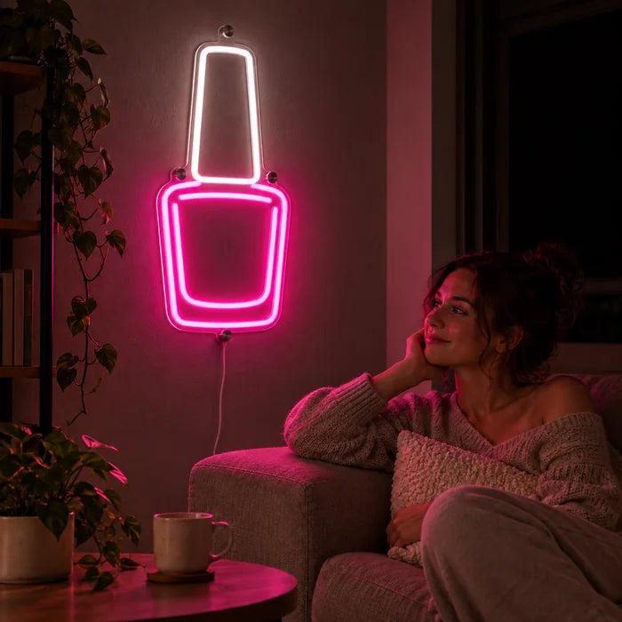 Nail Polish Neon LED Sign on a living room wall, a person relaxing on the sofa in front of it