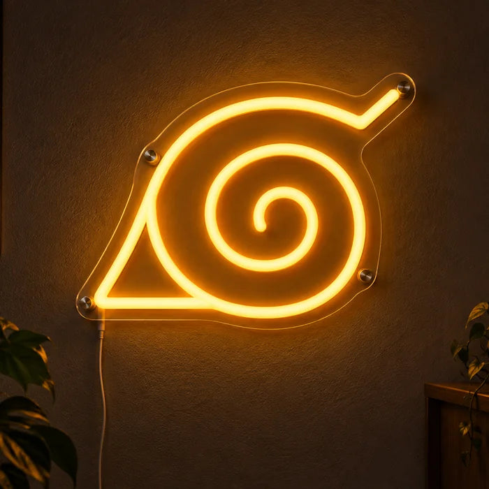 Naruto Konoha Symbol Neon LED Sign glowing on a dark wall, close-up with connection cable