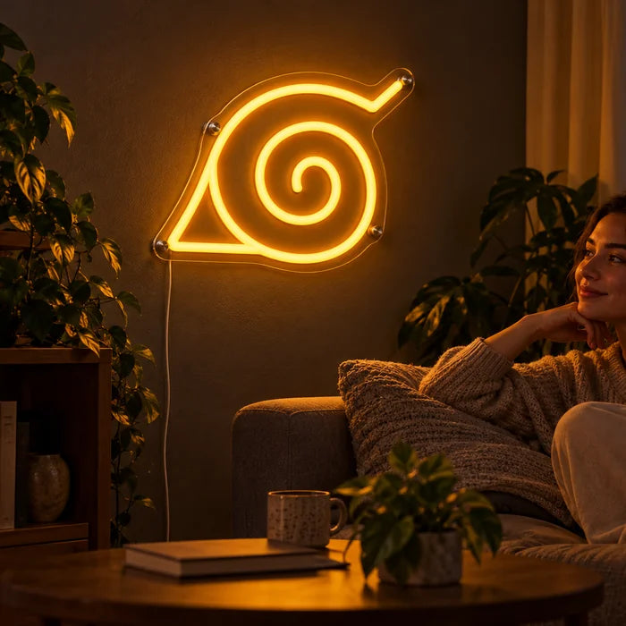 Naruto Konoha Symbol Neon LED Sign on a living room wall, a person relaxing on the sofa in front of it