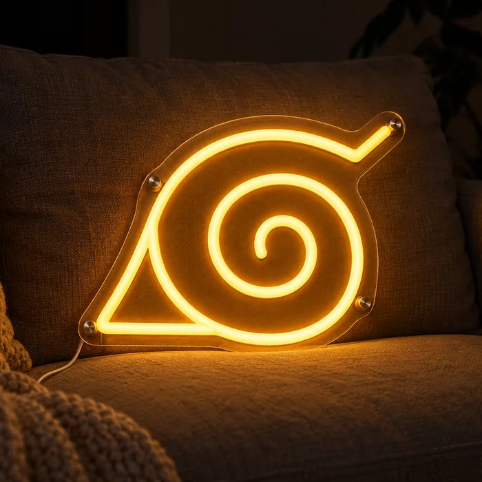 Naruto Konoha Symbol Neon LED Sign on a cosy sofa between cushions and a throw