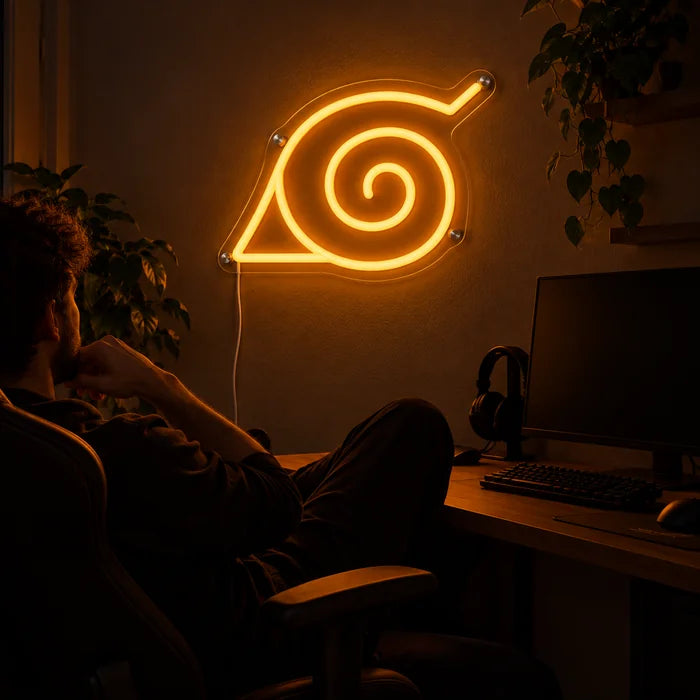 Naruto Konoha Symbol Neon LED Sign above a gaming desk, a gamer in a gaming chair in front of it