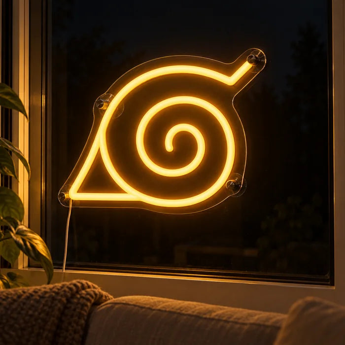 Naruto Konoha Symbol Neon LED Sign in the window of a cosy living room in the evening