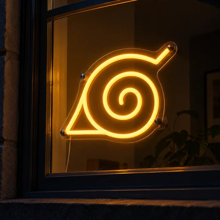 Naruto Konoha Symbol Neon LED Sign in a window, seen from the street at night