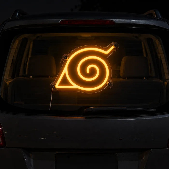Naruto Konoha Symbol Neon LED Sign on the rear window of a car at night