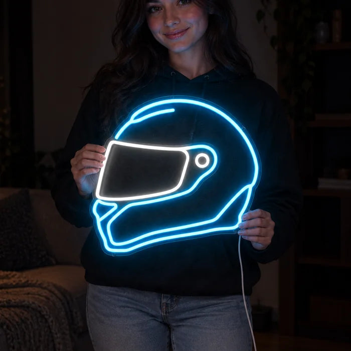 Neon Racing Helmet Neon LED Sign held by a woman, showing its size compared to her body