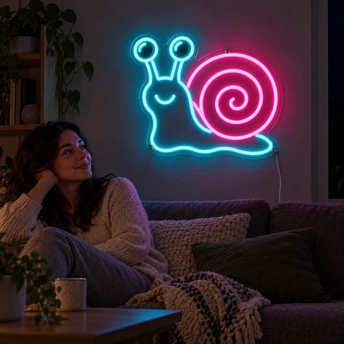 Neon Snail Neon LED Sign on a living room wall, a person relaxing on the sofa in front of it