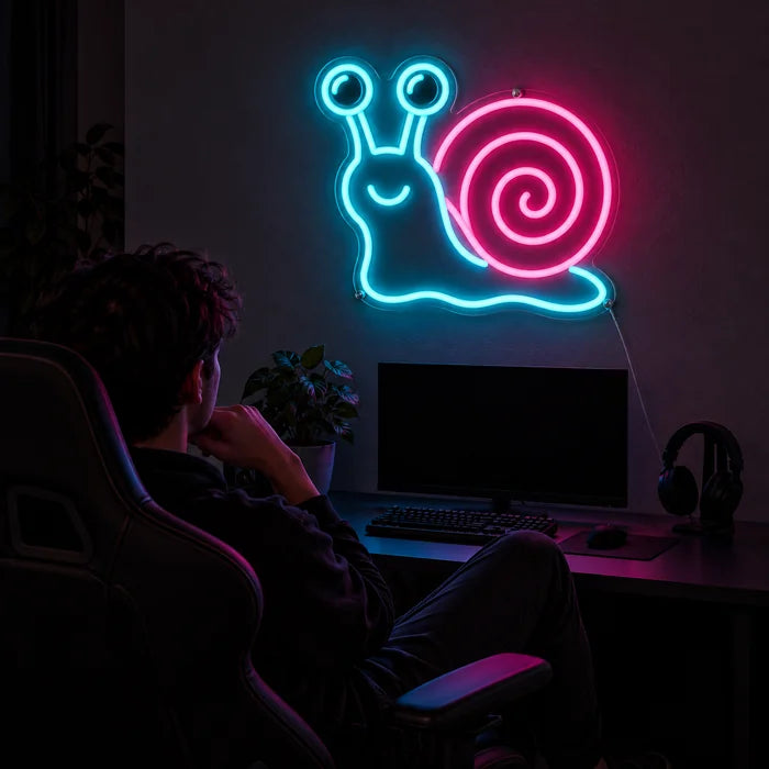 Neon Snail Neon LED Sign above a gaming desk, a gamer in a gaming chair in front of it