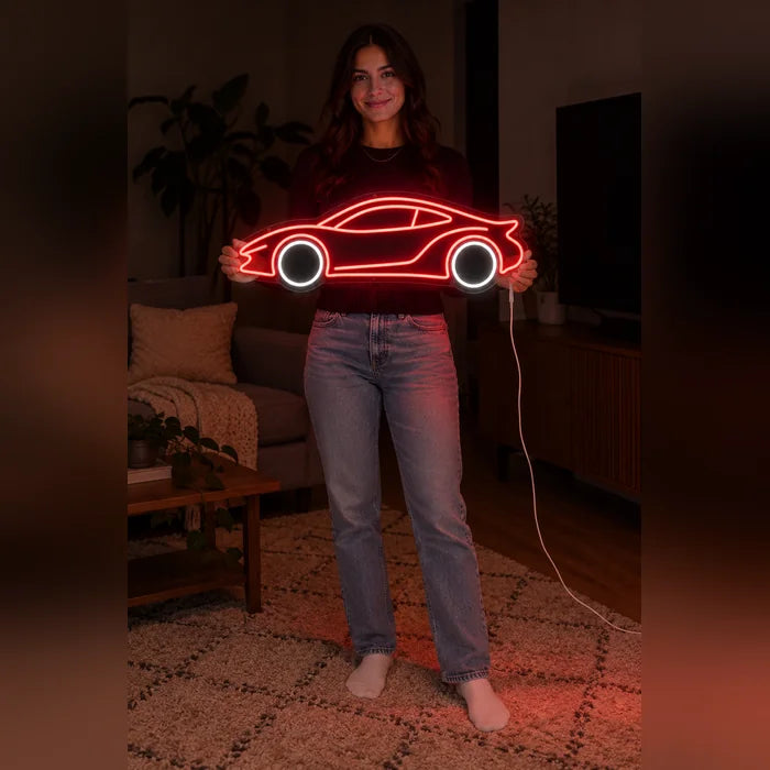 Neon Sports Car Neon LED Sign held by a woman, showing its size compared to her body