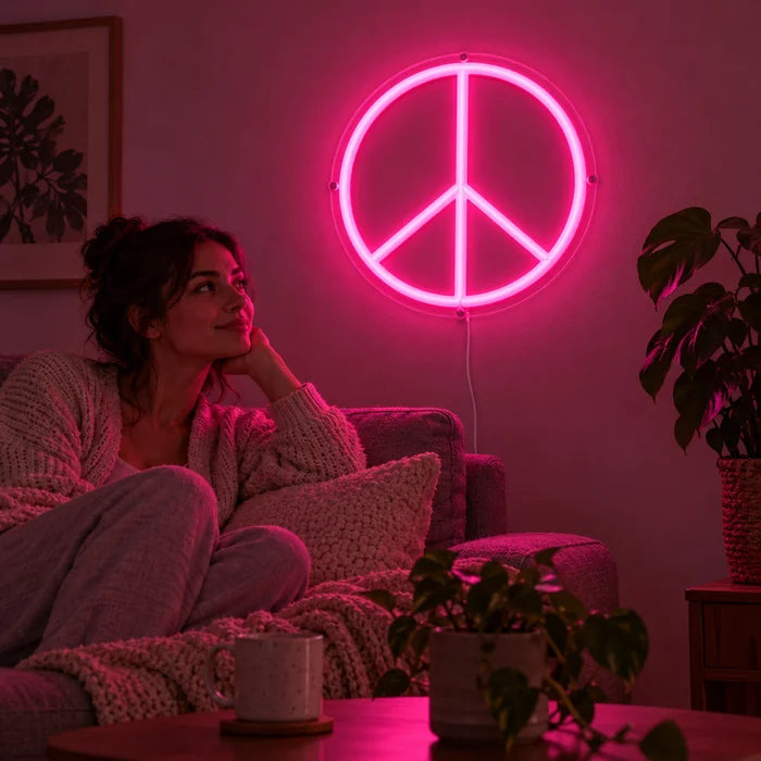 Peace neon LED skilt på stuevæggen, foran slapper en person af på sofaen