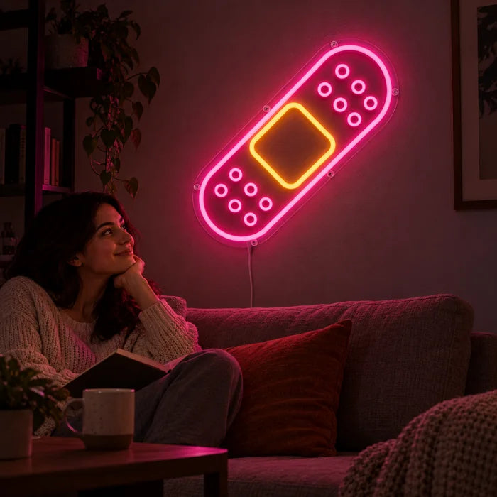 Laastari neon LED -kyltti olohuoneen seinällä, edessä henkilö rentoutuu sohvalla